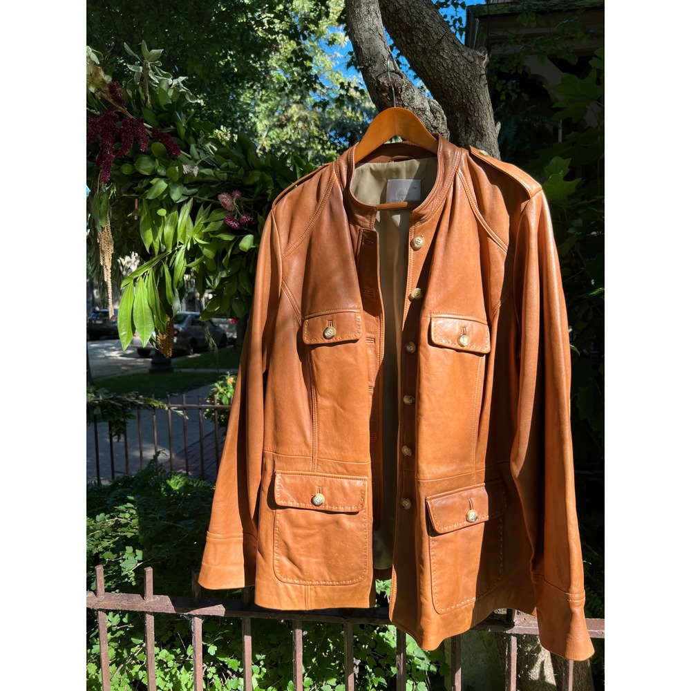 MARINA RINALDI Camel Brown Nappa Leather Button Up Coat with Hand Stitching US20